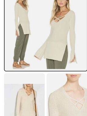 Free People Cream V-Neck Knit Top